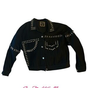 Beautiful Woman Black Denim Jacket , has studs on it